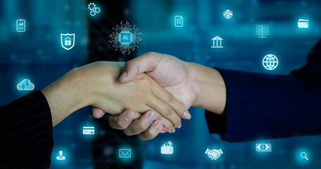 Business and Technology. Businessman and Businesswoman shake hands blurred building background,...