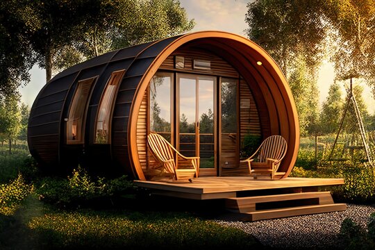 Small modern and elegant barrell wooden cabin house. tiny house and garden with two sun loungers. luxury camping, glamping - Generative AI