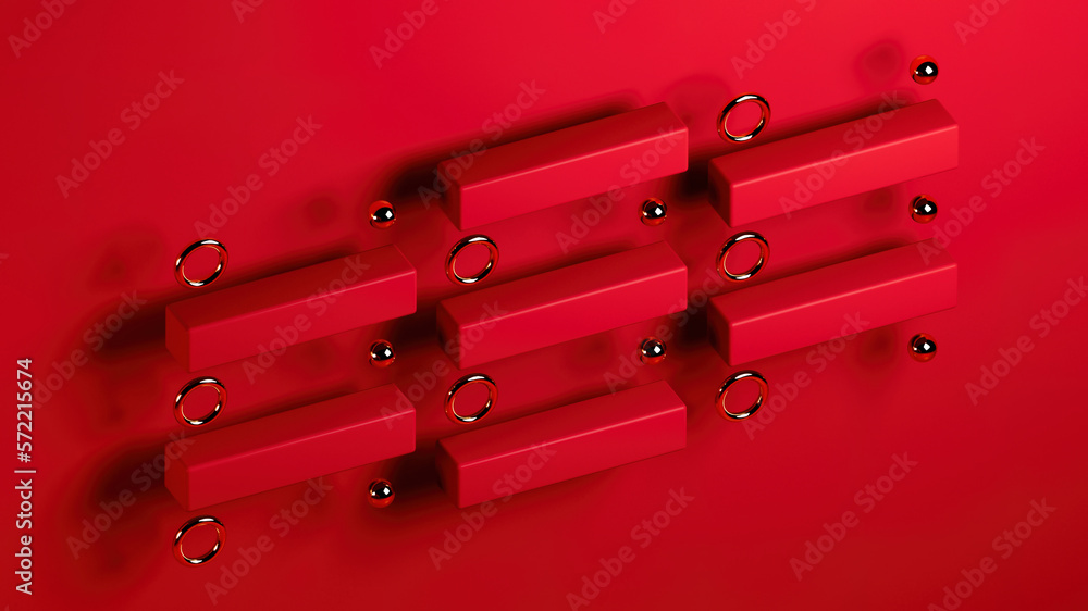 Poster 3d rendering isometric design. abstract geometry with cubes, spheres, torus. bold red color. matte p