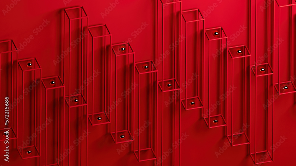 Poster 3d rendering isometric design. abstract geometry with cubes, spheres. bold red color. matte plastic 
