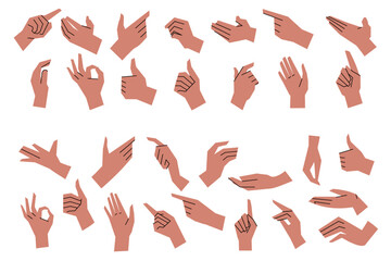 Fototapeta na wymiar Set of male and female hands with different gestures and positions. Gestures of approval, holding something, pointing, thumbs up, greeting, Ok. Hands in flat table isolated on white background. Vector