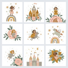 Collection of postcards with fairy tale characters, vector