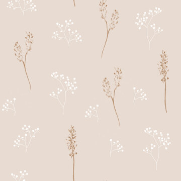 Botanical pattern, aesthetic flowers pattern in pastel colours, field flowers, wild flowers pattern. Seamless pattern. Hand drawn detailed botanical pattern for social media, web, cards.