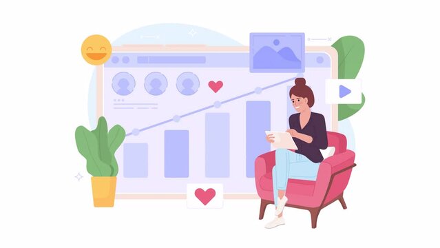 Animated social marketing analytics. Girl gathering data from social media account 2D cartoon flat character 4K video footage on white with alpha channel transparency. Concept animation for web design