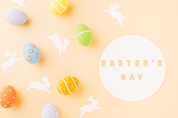 Overhead easter eggs with rabbit paper cut and circle white paper isolated on pastel background, Funny decoration paper round blank, Happy Easter Day, Creative banner web design holiday background