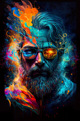 Abstract spiritual portrait of middle aged man with thick beard and ethereal coloured aura. Generative Ai