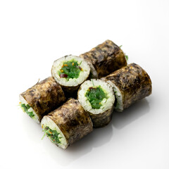 Sushi rolls with hiashi seaweed. Vegetarian maki rolls. Low calorie meal. Japanese food. Asian cuisine. Top view. White background. Soft focus. Copy space.
