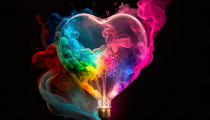 Heart shaped lightbulb with colourful smoke emanating from it. Generative Ai.