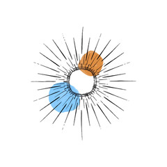 Vector illustration of abstract sun hand drawn in black line. Colored spots of watercolor paint. Logo for isoterics, celestial bodies, astrology.