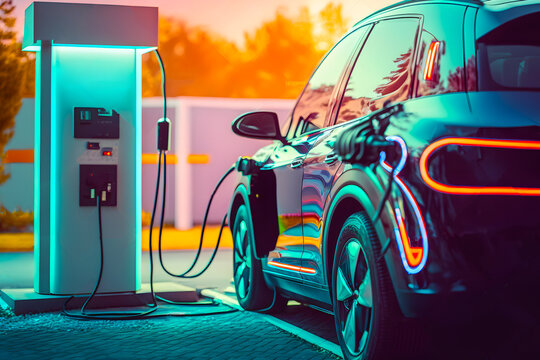 Refueling for cars e-mobility. Charging an electric car at hybrid engine gasoline and electricity repair shop service garage. Generative AI technology.