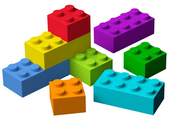 Rainbow color building toy blocks 3D, ready to start construction, isolated