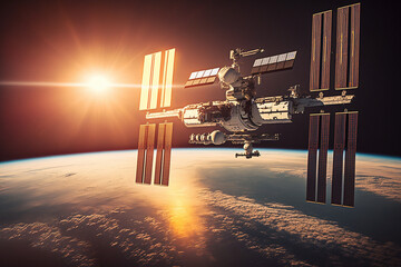 International Space Station in orbit. Photorealistic image created by AI