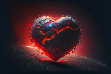 Heart symbol of love levitates in space in a video of solidifying lava on a satellite planet in orbit. Generative AI technology.