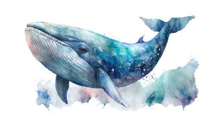 Watercolor blue whale illustration isolated on white background. Generative ai