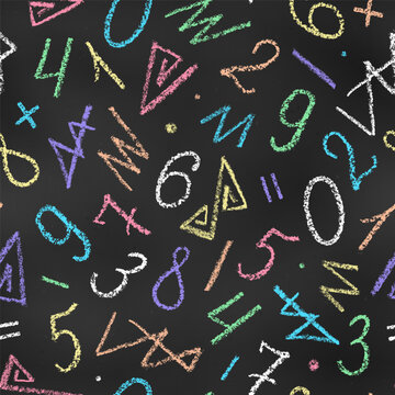 Seamless Pattern of Chalk Drawn Sketches Numbers and Scribbles on Chalkboard Backdrop.
