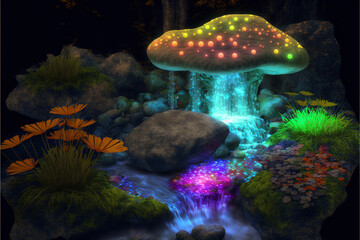 Fototapeta na wymiar mushroom sitting on top of a rock next to a waterfall. generative ai.