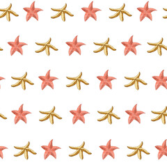 Fototapeta na wymiar Seamless pattern of starfish. Red and yellow starfish. Background with star graphics. Children's print, seamless pattern. 