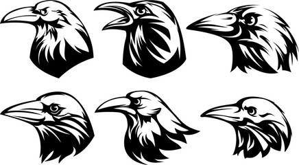 Head of raven. Crow abstract character illustration. Graphic logo designs template for emblem. Image of portrait for company use or tattoo set.