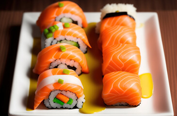 Philadelphia fish rolls and mini sushi, Japanese food close-up. Generative AI.
