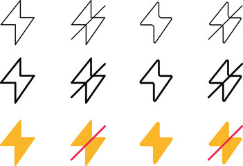 Set of electric light icon. Thunderbolt icon line. flash thunder power icon, flash lightning bolt icon with thunder bolt - Electric power icon symbol - No flash light off icon