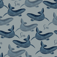 Seamless pattern with the image of marine animals. Children's print, seamless pattern. Blue background with whales. Graphic pattern.