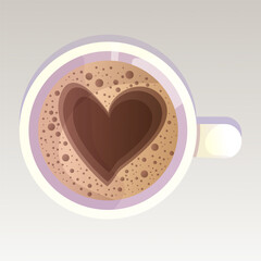 Coffee cup with cute heart, beverage with caffeine, cappuccino in mug top view in cartoon style isolated on white background. 