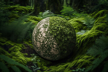 a large ball partly covered by smaller balls, lying in a green forest with a lot of plants.  Generative AI