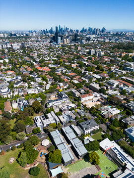Aerial image above the Melbourne suburb of Toorak looking towards the CBD