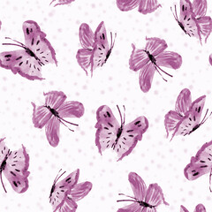Cute butterflies hand drawn watercolor seamless pattern. Animalistic design raster texture. Colorful, vibrant illustration on white background. Beautiful pastel creatures wallpaper design