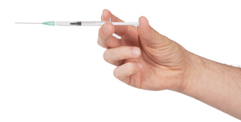 New syringe in adult hand on white background