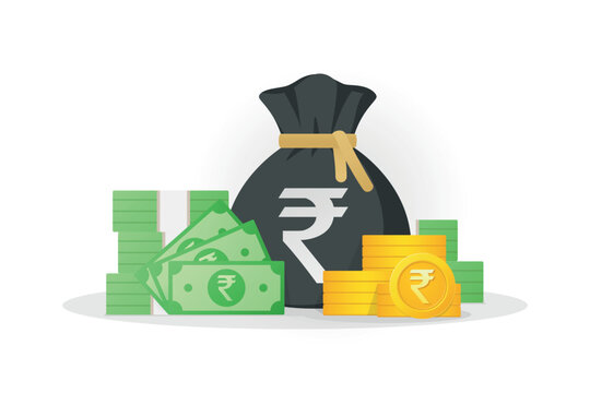 Indian money rupee icon. Money bag, banknotes and gold coins with rupee sign.  Flat style vector illustration white background.