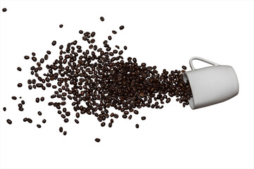 Roasted coffee beans spread out on a transparent PNG background. The beans have been spread out...