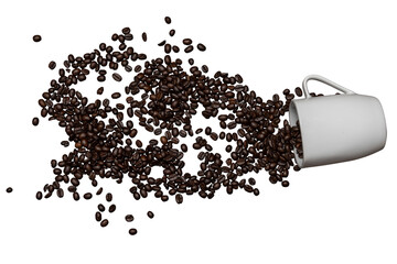 Roasted coffee beans spread out on a transparent PNG background. The beans have been spread out from a white cup. Copy space around