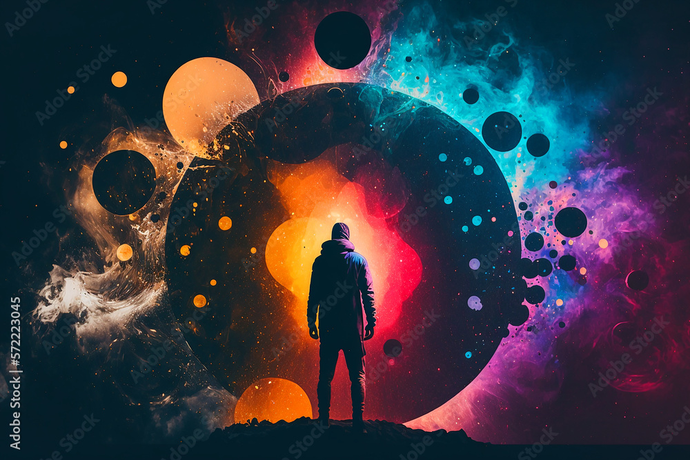 Canvas Prints human chakras of different colours, man in the middle of space and colourful planets. generative ai