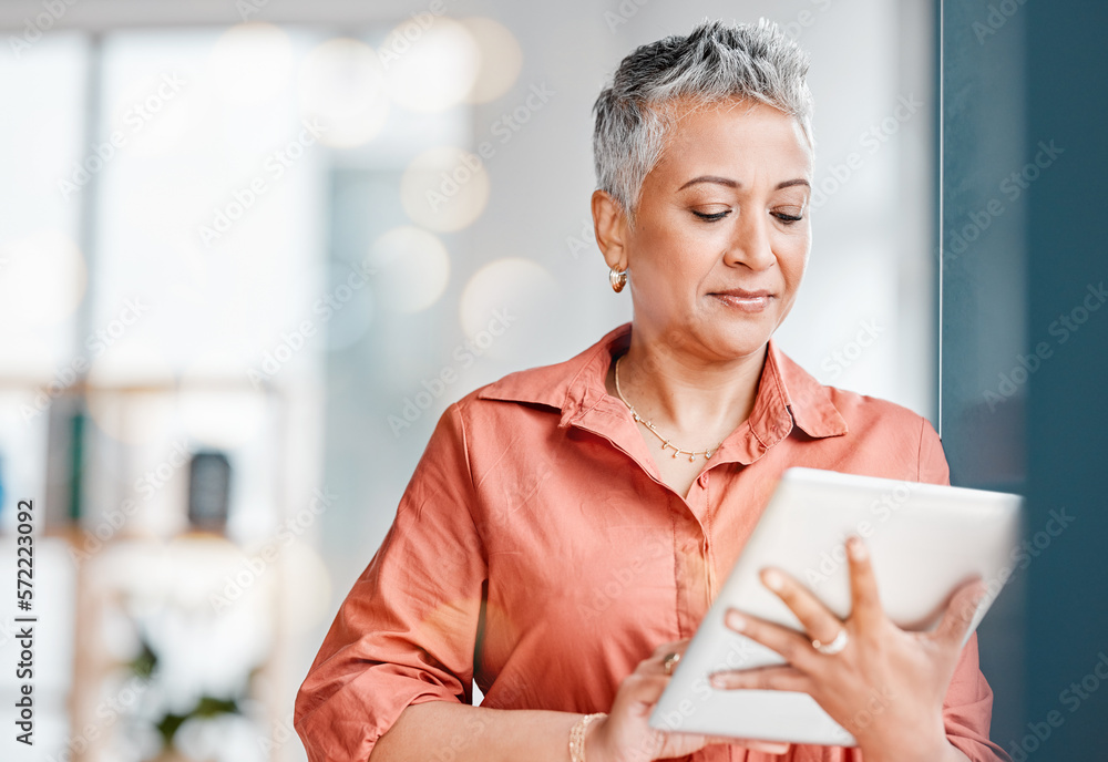 Poster digital tablet, senior woman and working business employee reading app data in a agency. mature work