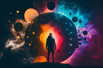 human chakras of different colours, man in the middle of space and colourful planets.  Generative AI