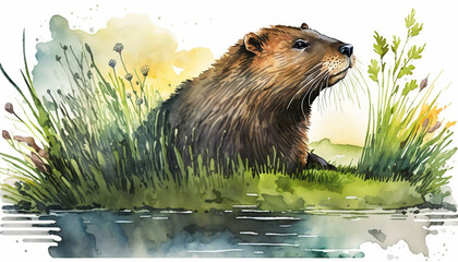 Watercolor painting of beaver on grassy field. Generative AI. - obrazy, fototapety, plakaty