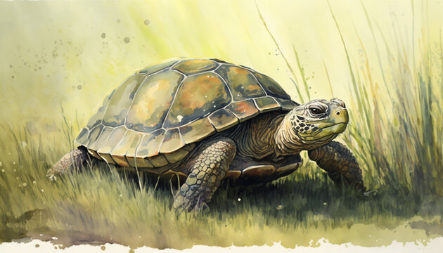 Watercolor painting of turtle on grassy field. Generative AI.