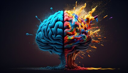 a brain bursting out in colorful particles of creativity. Generative AI