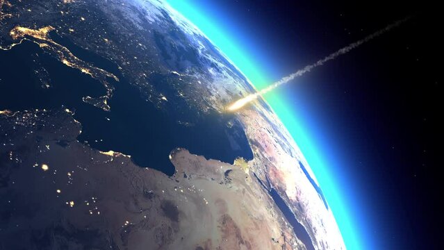 Meteorite approaching Earth, collision course. Asteroid. Possible collision with the earth's atmosphere. Elements of this image are furnished by NASA