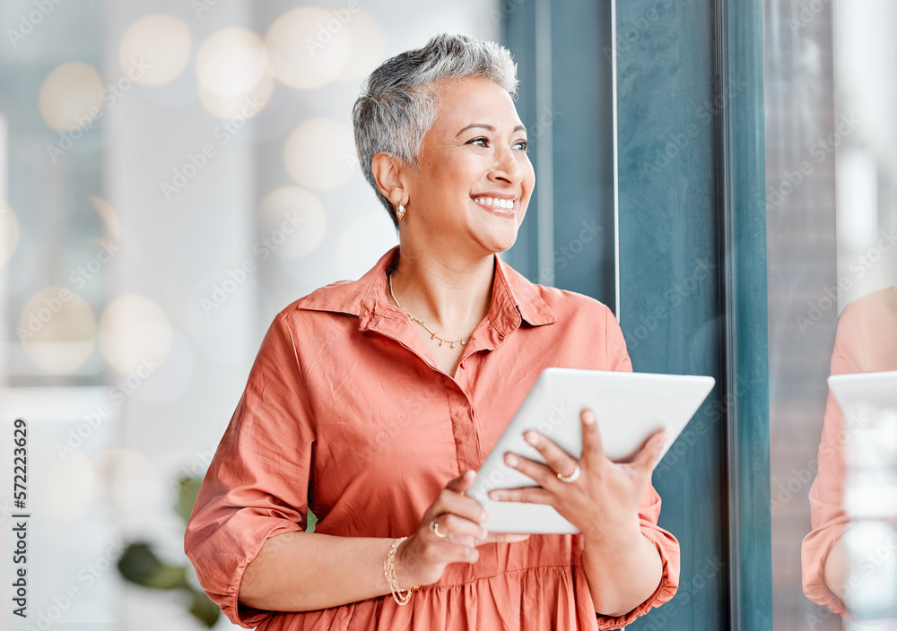 Poster tablet, thinking and senior business woman in office contemplating, research or internet browsing. t
