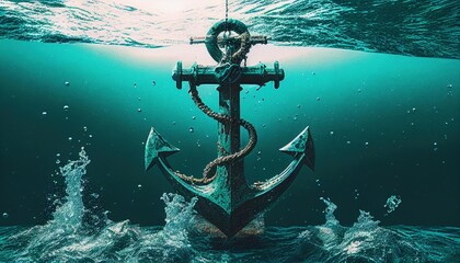 Anchor falls into the water in the turquoise ocean. Generative AI