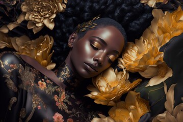 Artistic portrait of a beautiful black model surrounded by flowers posing as a floral painting with a luxury makeup. AI Generative