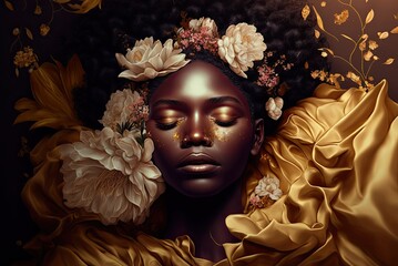 Artistic portrait of a beautiful black model surrounded by flowers posing as a floral painting with a luxury makeup. AI Generative