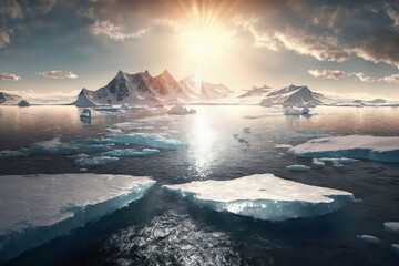 Beautiful scene of the Arctic ocean with the sun melting the ice with the heat. Generative ai.