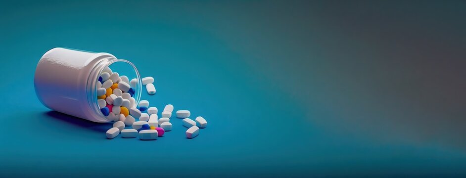 medical pills pour out of a plastic bottle on the table on a blue background, top view, copy space. Generative AI