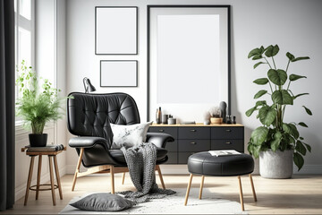Mockup poster in the living room in bohemian style, 3d render, generative ai.