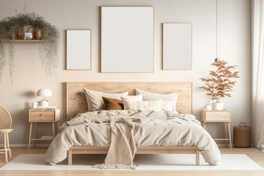 Frame mockup in boho style furniture home interior. Generative ai