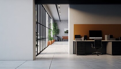 Modern spacious office aisle with co-working space and empty white wall. Generative AI
