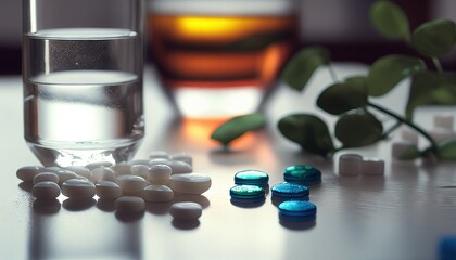 pills and tablets lie on the table near a glass of water and jars of pills. Generative AI